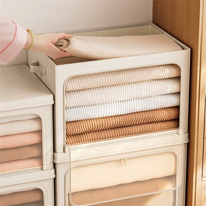 Boîte de rangement XL en coton et lin avec couvercle, organisateur de vêtements pliable, 60 x 42 x 40 cm - Jaune clair