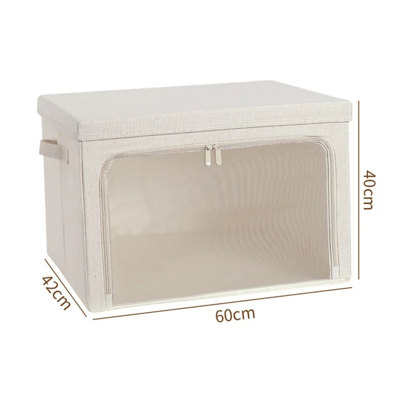 Boîte de rangement XL en coton et lin avec couvercle, organisateur de vêtements pliable, 60 x 42 x 40 cm - Jaune clair
