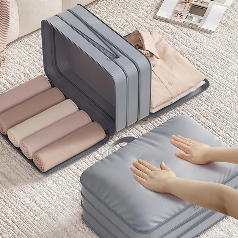 Size M 3-Layer Compression Storage Bag Imitation Memory Fabric Travel Packing Cubes Expandable Luggage Organizer - Grey
