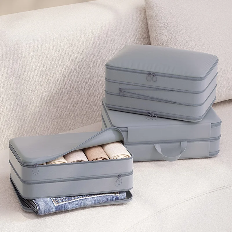 Size L 3-Layer Compression Storage Bag Imitation Memory Fabric Travel Packing Cubes Expandable Luggage Organizer - Grey