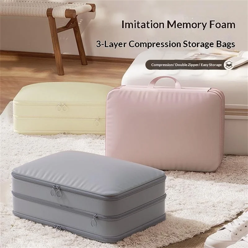 Size L 3-Layer Compression Storage Bag Imitation Memory Fabric Travel Packing Cubes Expandable Luggage Organizer - Grey