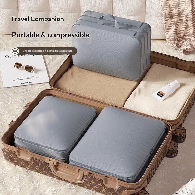 Size L 3-Layer Compression Storage Bag Imitation Memory Fabric Travel Packing Cubes Expandable Luggage Organizer - Grey