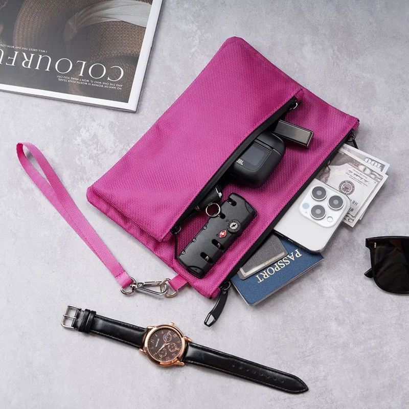 Travel Security Organizer Bag Oxford Fabric TSA Lock Passport Document Storage Pouch with Detachable Wrist Strap - Rose