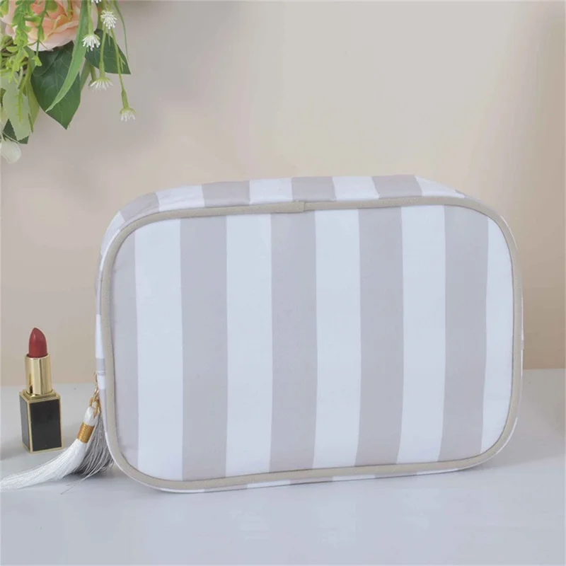 Stripet taske til makeuppose med stor kapacitet, bærbar toilettepose, vandtæt rejseorganizer, kosmetikpose - Grå