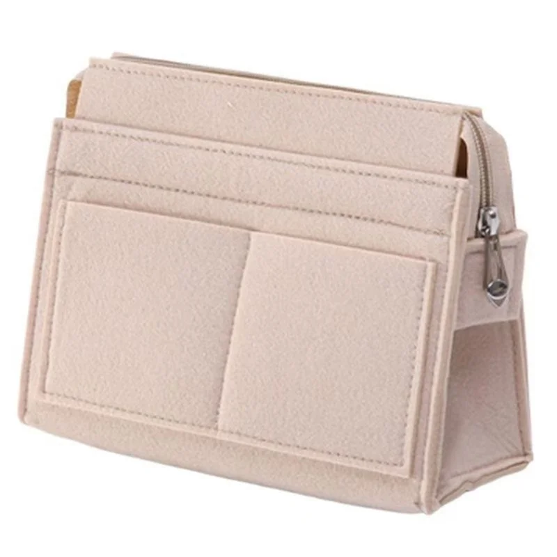 Small Size Felt Bag Organizer Insert Multi Compartment Large Capacity Structured Thick Handbag - Beige