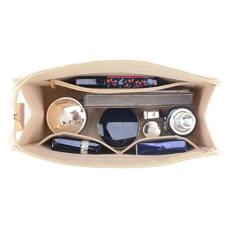 Small Size Felt Bag Organizer Insert Multi Compartment Large Capacity Structured Thick Handbag - Beige