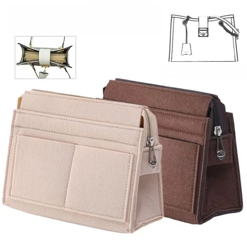 Small Size Felt Bag Organizer Insert Multi Compartment Large Capacity Structured Thick Handbag - Beige