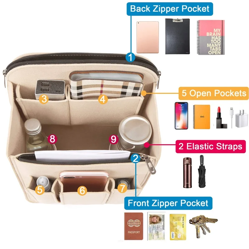 Small Size Multi Compartment Felt Backpack Organizer Insert Vertical Bag Organizer - Beige