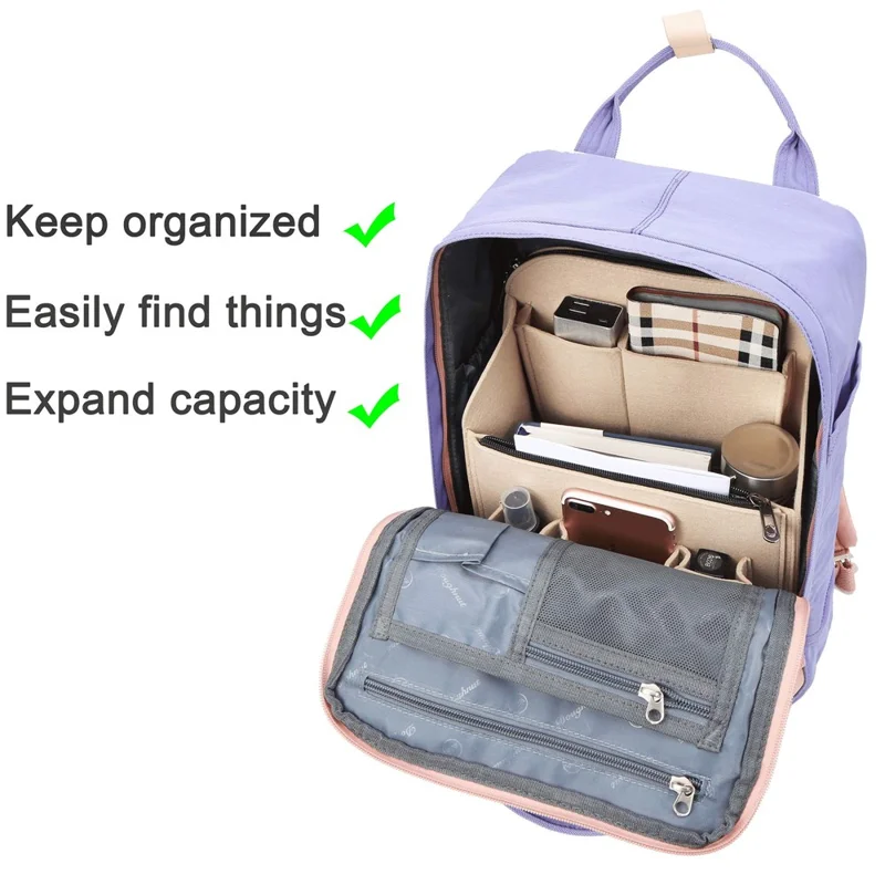 Small Size Multi Compartment Felt Backpack Organizer Insert Vertical Bag Organizer - Beige