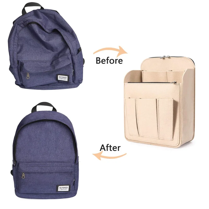 Small Size Multi Compartment Felt Backpack Organizer Insert Vertical Bag Organizer - Beige
