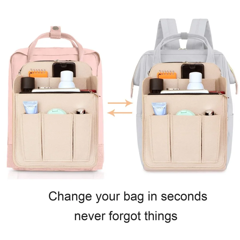 Small Size Multi Compartment Felt Backpack Organizer Insert Vertical Bag Organizer - Beige