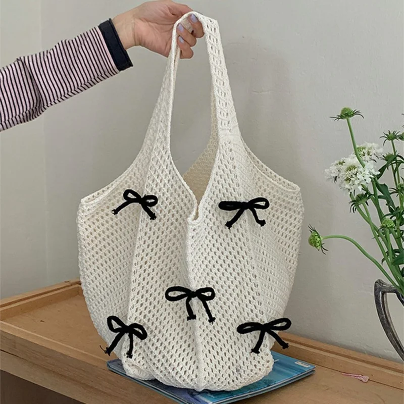 Lazy Vintage Knit Bag Bow Crochet Large Capacity Daily Shoulder Tote Bag - Apricot