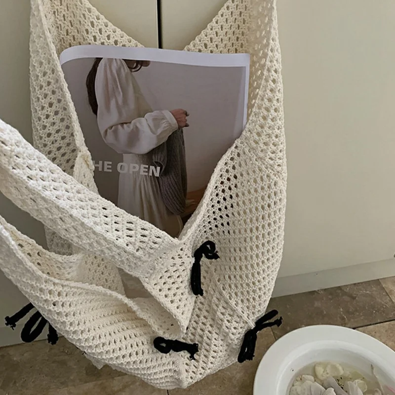 Lazy Vintage Knit Bag Bow Crochet Large Capacity Daily Shoulder Tote Bag - Apricot