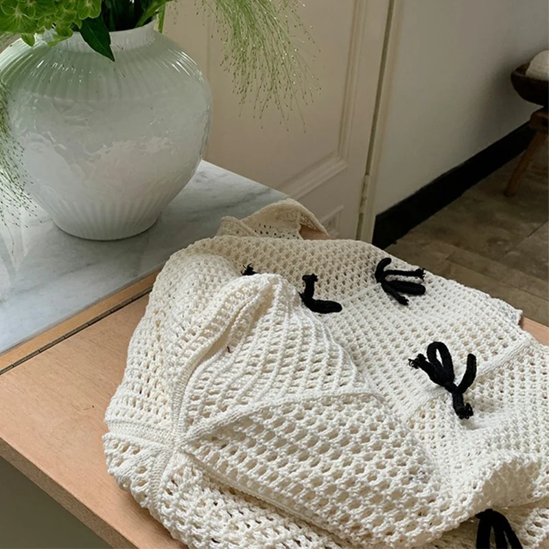 Lazy Vintage Knit Bag Bow Crochet Large Capacity Daily Shoulder Tote Bag - Apricot