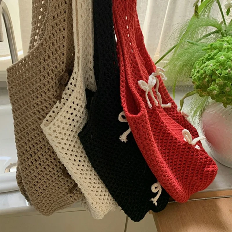 Lazy Vintage Knit Bag Bow Crochet Large Capacity Daily Shoulder Tote Bag - Apricot