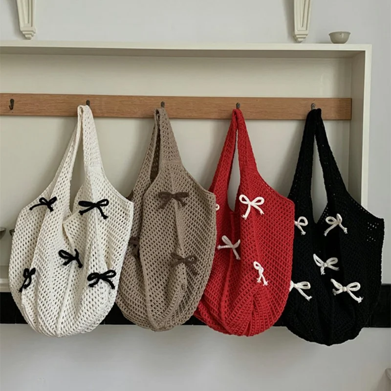 Lazy Vintage Knit Bag Bow Crochet Large Capacity Daily Shoulder Tote Bag - Apricot