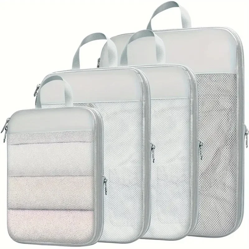 4 PCS Nylon Packing Cubes Travel Compression Organizer Bags Large Capacity Luggage Storage Set - Light Grey