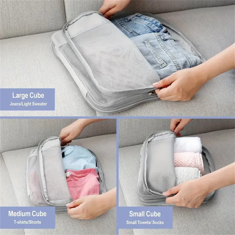 4 PCS Nylon Packing Cubes Travel Compression Organizer Bags Large Capacity Luggage Storage Set - Light Grey