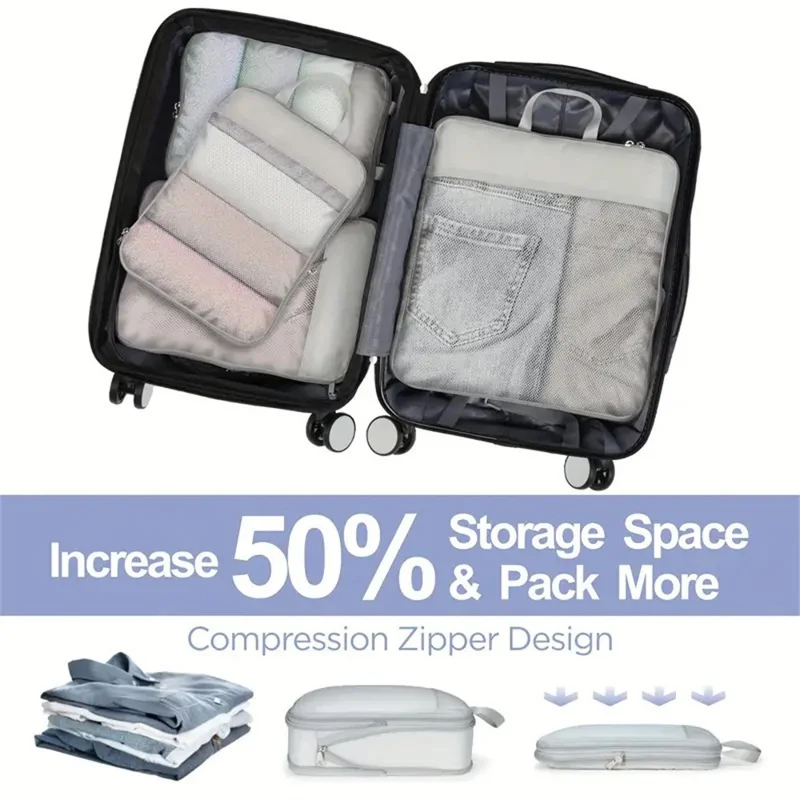 4 PCS Nylon Packing Cubes Travel Compression Organizer Bags Large Capacity Luggage Storage Set - Light Grey