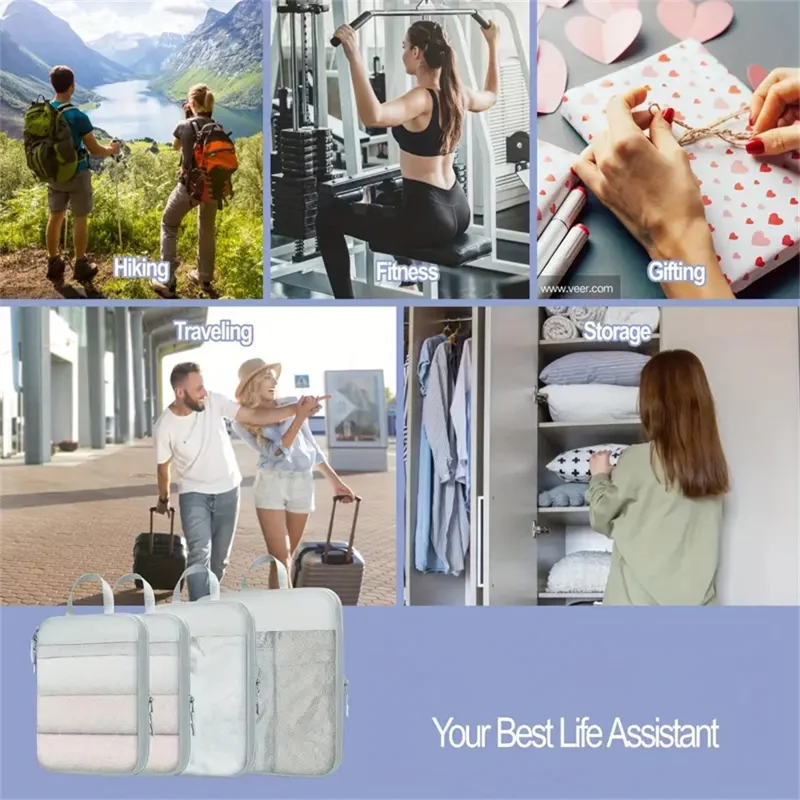 4 PCS Nylon Packing Cubes Travel Compression Organizer Bags Large Capacity Luggage Storage Set - Light Grey