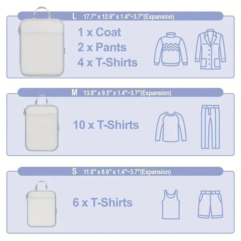 4 PCS Nylon Packing Cubes Travel Compression Organizer Bags Large Capacity Luggage Storage Set - Light Grey