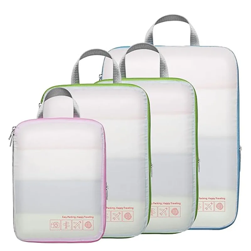 4 PCS Set Travel Packing Cubes Nylon Compression Organizer Luggage Storage Bags with Handle - White
