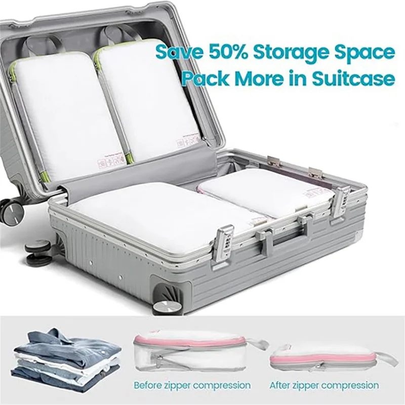 4 PCS Set Travel Packing Cubes Nylon Compression Organizer Luggage Storage Bags with Handle - White