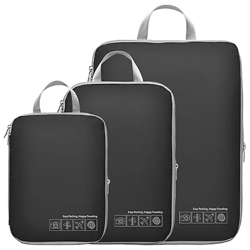3 PCS Set Travel Packing Cubes Nylon Clothing Storage Bags Portable Luggage Organizer Compression - Black