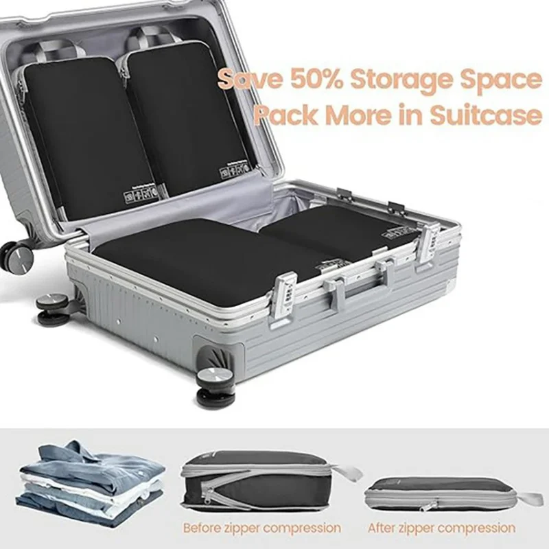 3 PCS Set Travel Packing Cubes Nylon Clothing Storage Bags Portable Luggage Organizer Compression - Black