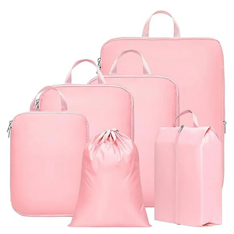 6 PCS Set Travel Packing Cubes Compression Organizer Waterproof Nylon Storage Bags with Handle - Pink