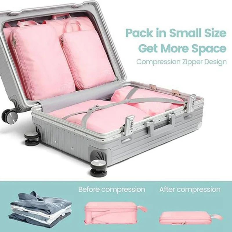 6 PCS Set Travel Packing Cubes Compression Organizer Waterproof Nylon Storage Bags with Handle - Pink