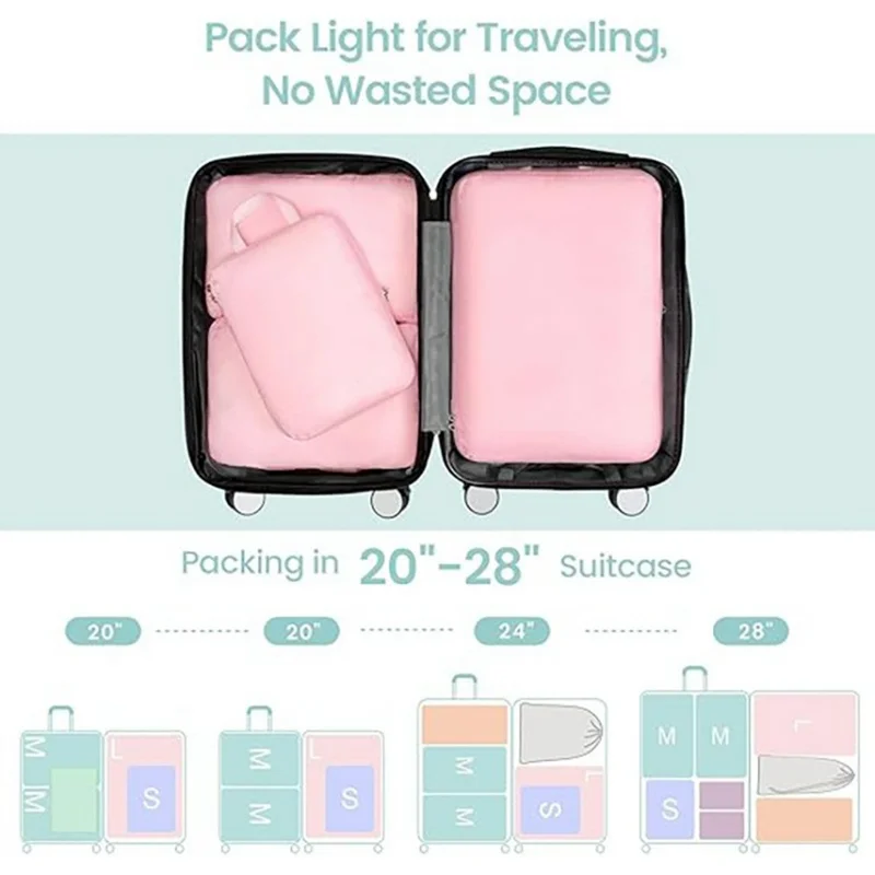 6 PCS Set Travel Packing Cubes Compression Organizer Waterproof Nylon Storage Bags with Handle - Pink