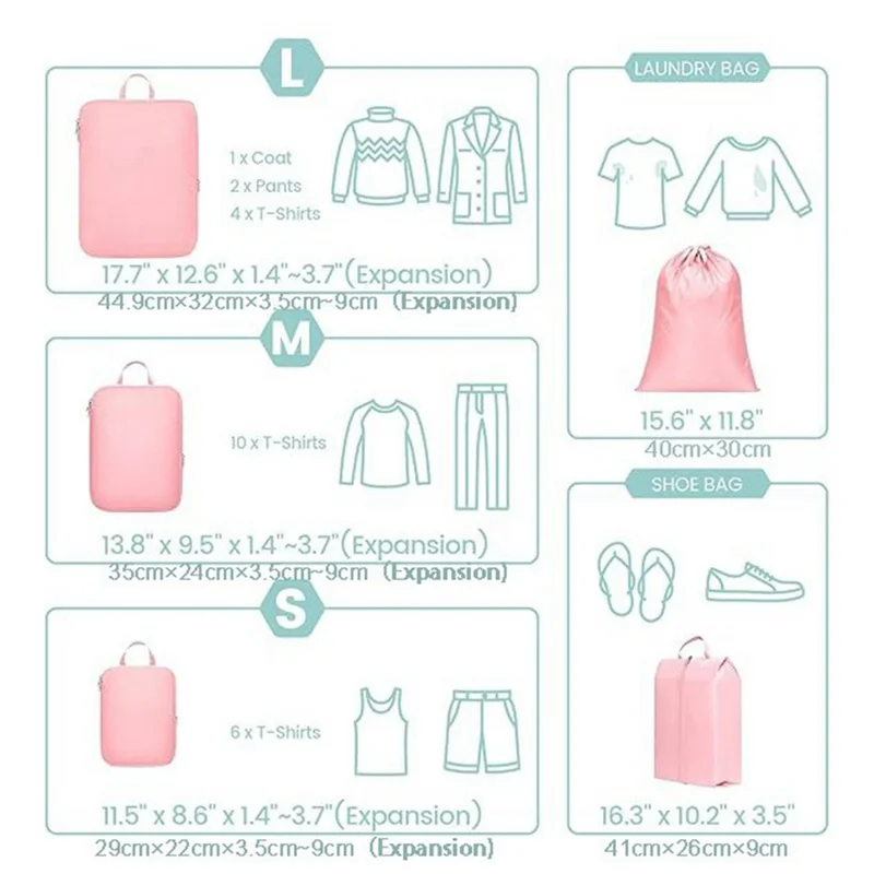 6 PCS Set Travel Packing Cubes Compression Organizer Waterproof Nylon Storage Bags with Handle - Pink