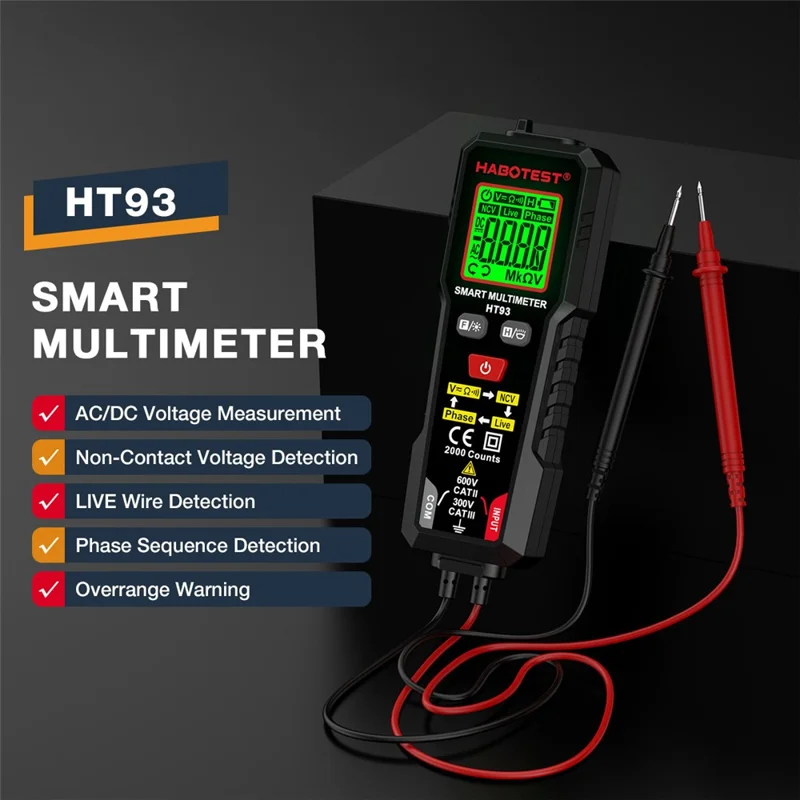 HABOTEST HT93 Smart Digital Multimeter NCV Detection Phase Tester for Electrician (without Battery) - Black