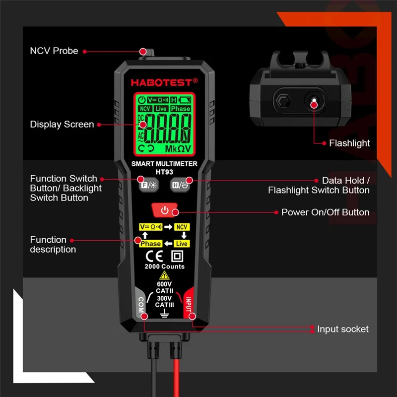 HABOTEST HT93 Smart Digital Multimeter NCV Detection Phase Tester for Electrician (without Battery) - Black