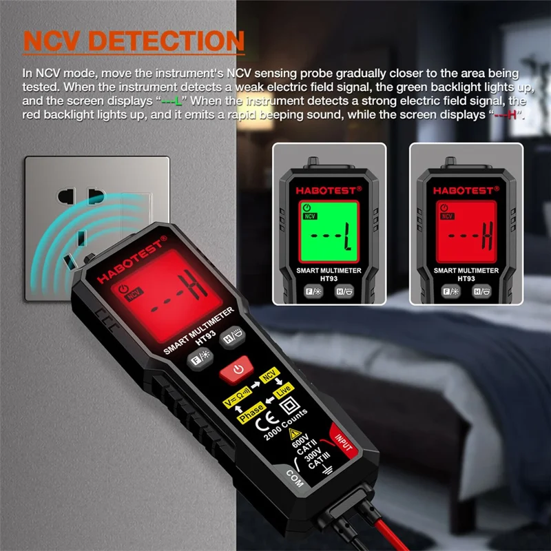 HABOTEST HT93 Smart Digital Multimeter NCV Detection Phase Tester for Electrician (without Battery) - Black