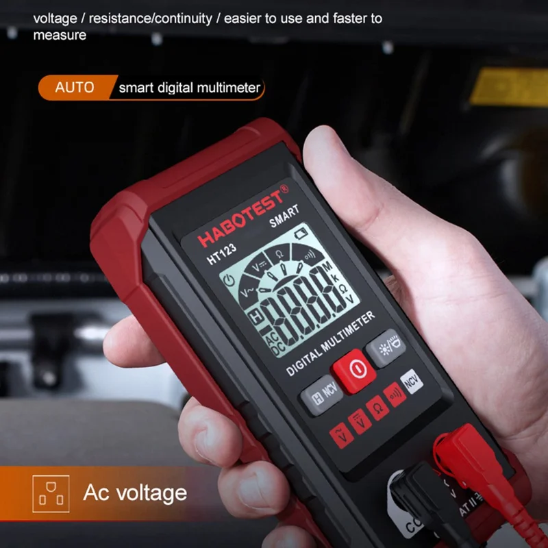 HABOTEST HT123 Multimetro Digitale Intelligente, Mini Tester di Tensione e Corrente AC/DC ad Alta Precisione, Resistenza (senza Batteria) - Rosso