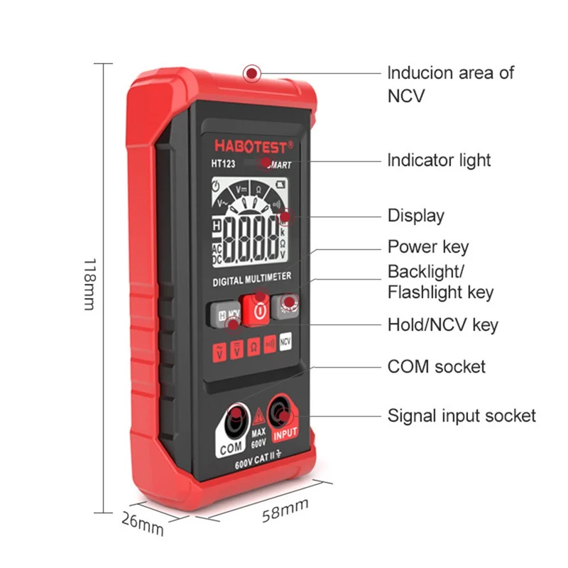 HABOTEST HT123 Multimetro Digitale Intelligente, Mini Tester di Tensione e Corrente AC/DC ad Alta Precisione, Resistenza (senza Batteria) - Rosso