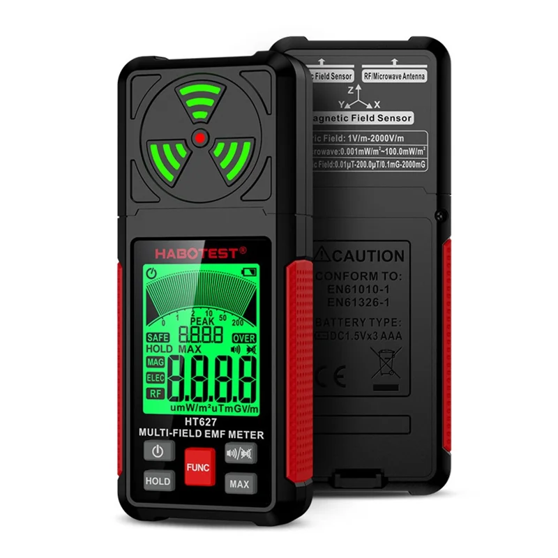 HABOTEST HT627 LCD Display EMF Detector 3-Axis Magnetic Electric RF Field Radiation Meter (senza batteria) - Nero