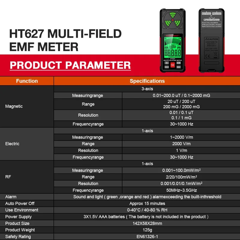 HABOTEST HT627 LCD Display EMF Detector 3-Axis Magnetic Electric RF Field Radiation Meter (senza batteria) - Nero