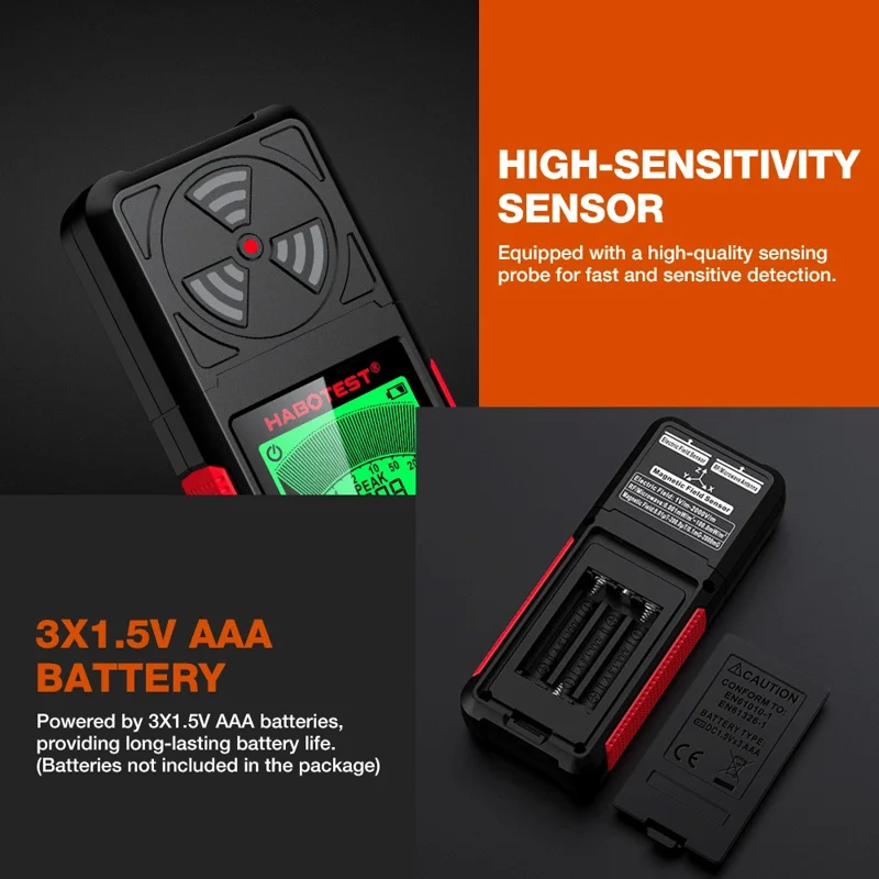 HABOTEST HT627 LCD Display EMF Detector 3-Axis Magnetic Electric RF Field Radiation Meter (senza batteria) - Nero