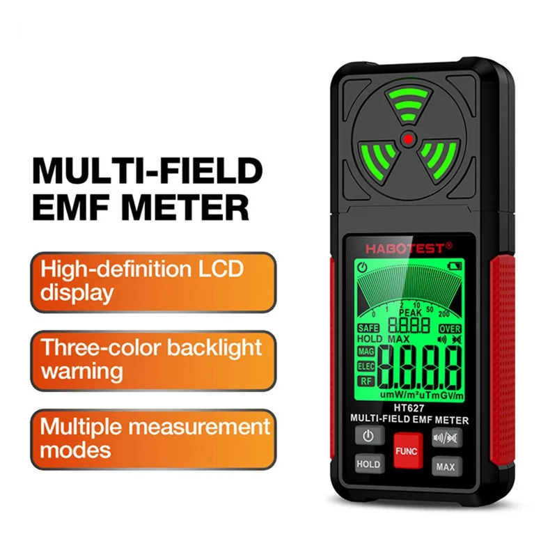 HABOTEST HT627 LCD Display EMF Detector 3-Axis Magnetic Electric RF Field Radiation Meter (senza batteria) - Nero