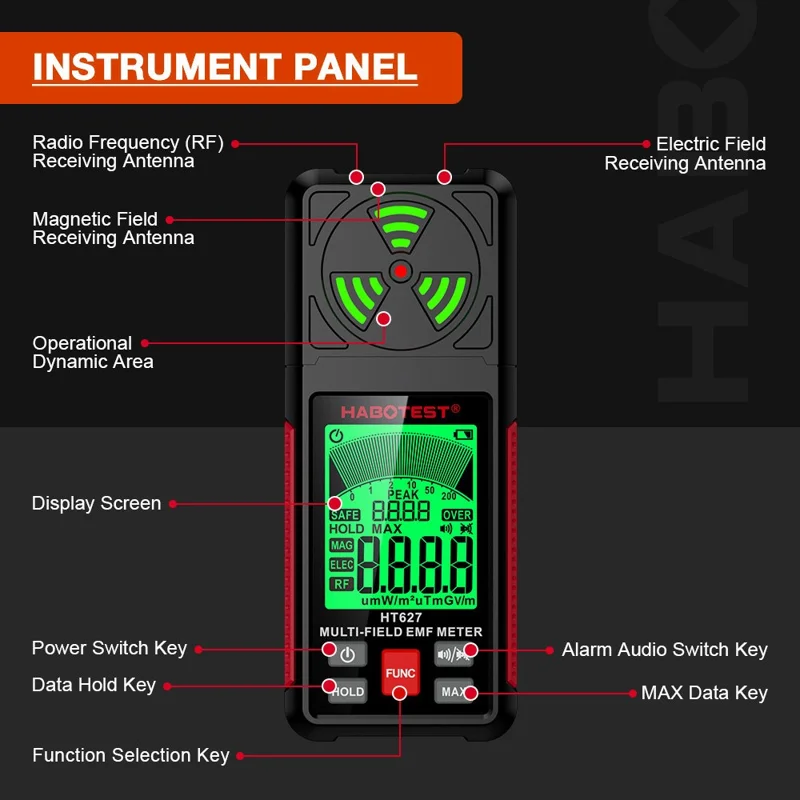 HABOTEST HT627 LCD Display EMF Detector 3-Axis Magnetic Electric RF Field Radiation Meter (senza batteria) - Nero