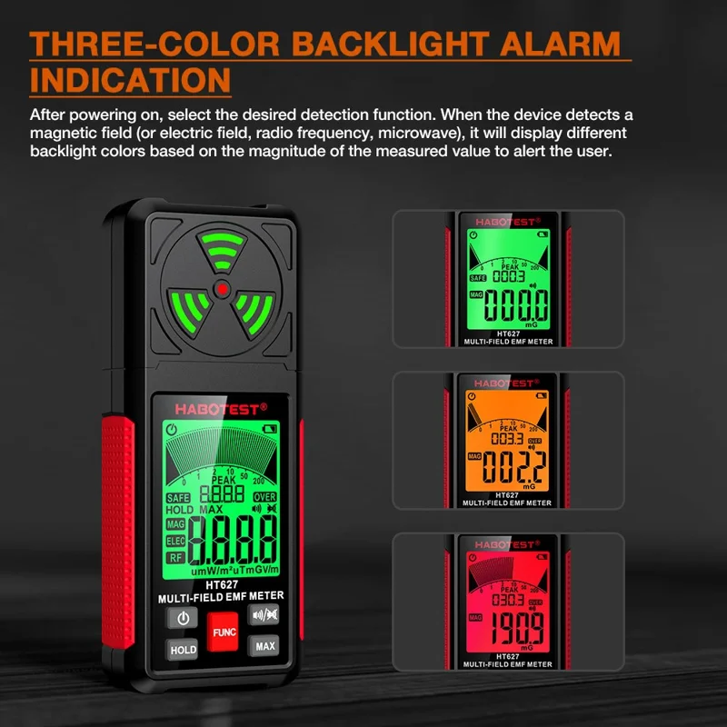 HABOTEST HT627 LCD Display EMF Detector 3-Axis Magnetic Electric RF Field Radiation Meter (senza batteria) - Nero