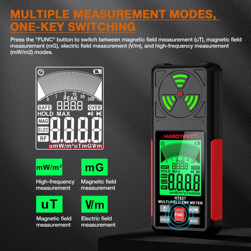 HABOTEST HT627 LCD Display EMF Detector 3-Axis Magnetic Electric RF Field Radiation Meter (senza batteria) - Nero