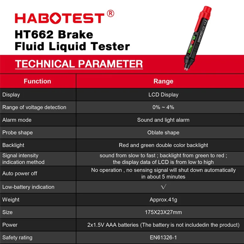 HABOTEST HT662 Testeur de Liquide de Frein avec Affichage LCD Numérique et Double Alarme Sonore et Visuelle (sans batterie) - Noir / Rouge
