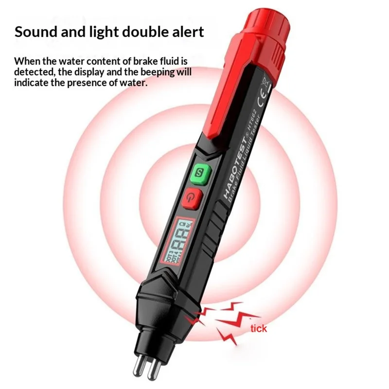HABOTEST HT662 Testeur de Liquide de Frein avec Affichage LCD Numérique et Double Alarme Sonore et Visuelle (sans batterie) - Noir / Rouge