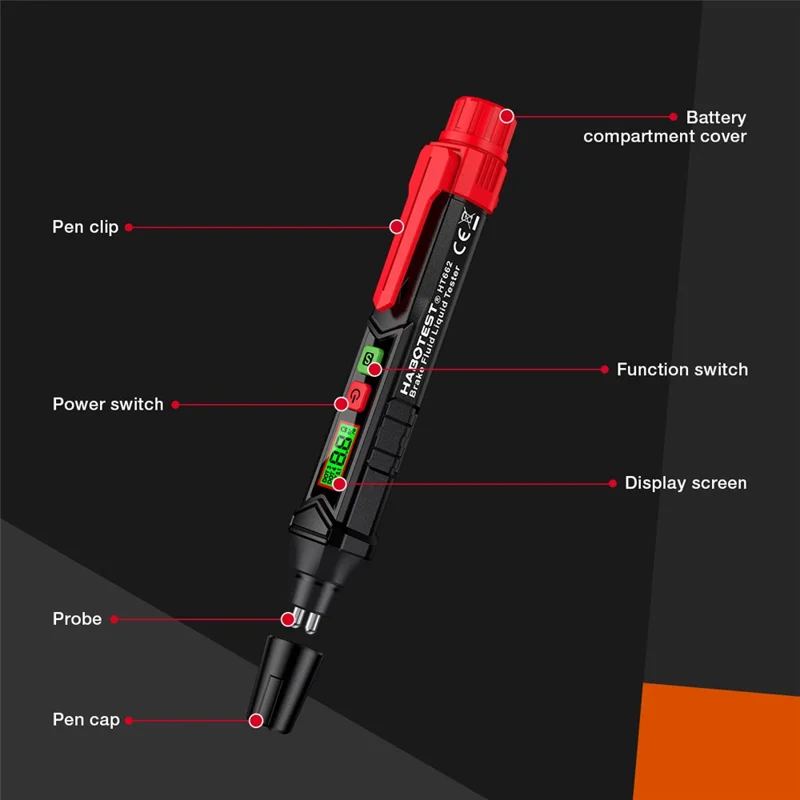 HABOTEST HT662 Testeur de Liquide de Frein avec Affichage LCD Numérique et Double Alarme Sonore et Visuelle (sans batterie) - Noir / Rouge