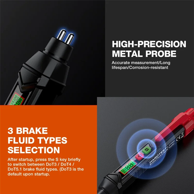 HABOTEST HT662 Testeur de Liquide de Frein avec Affichage LCD Numérique et Double Alarme Sonore et Visuelle (sans batterie) - Noir / Rouge