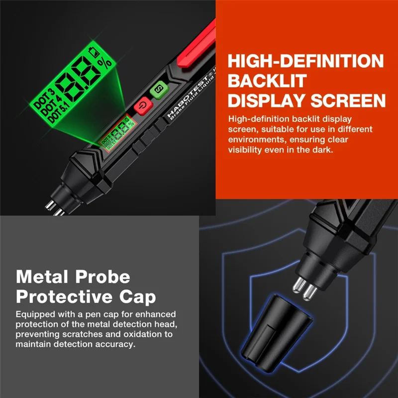 HABOTEST HT662 Testeur de Liquide de Frein avec Affichage LCD Numérique et Double Alarme Sonore et Visuelle (sans batterie) - Noir / Rouge